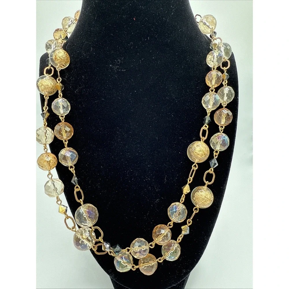 Mary Kay Adjustable Versatile Necklace Gold Tone Chain W/ Clear Gold Brown Beads
